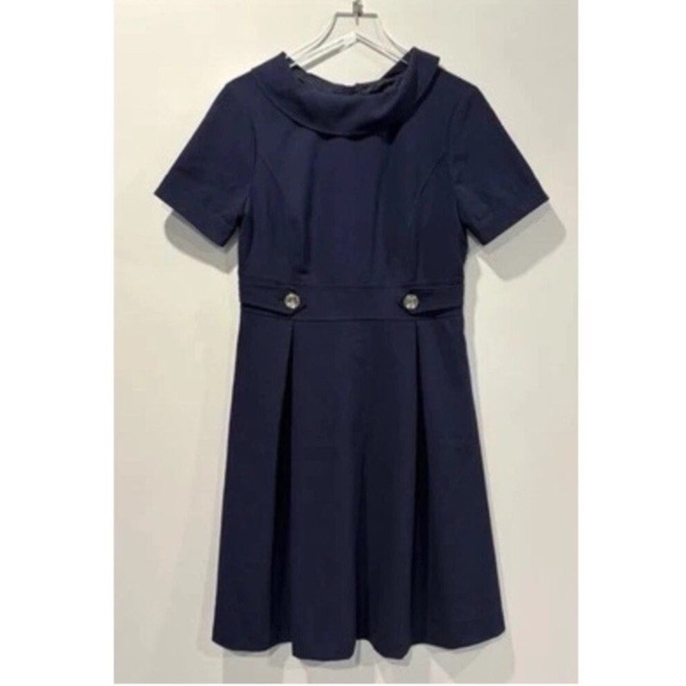 Leslie Fay Navy Blue Cowl Neck Fit Flare Dress Short Sleeve Pleated Career 10